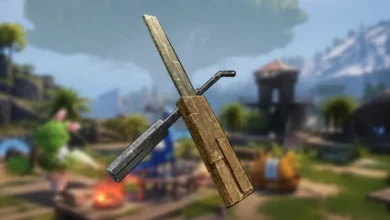 A pair of crossed lockpicking tools, featuring a wooden handle and a metal pick, set against a blurred Palworld landscape.