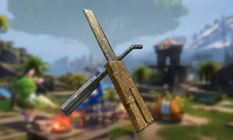 A pair of crossed lockpicking tools, featuring a wooden handle and a metal pick, set against a blurred Palworld landscape.