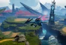 A blue, mechanical dragon-like creature flies over a vast, vibrant landscape featuring green cliffs, pink forests, and futuristic towers.