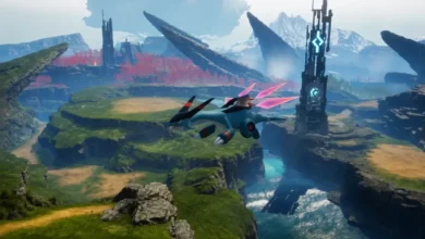 A blue, mechanical dragon-like creature flies over a vast, vibrant landscape featuring green cliffs, pink forests, and futuristic towers.