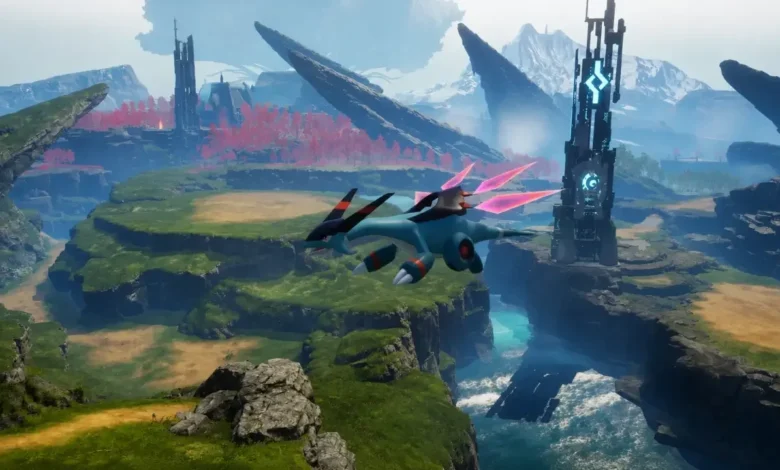 A blue, mechanical dragon-like creature flies over a vast, vibrant landscape featuring green cliffs, pink forests, and futuristic towers.