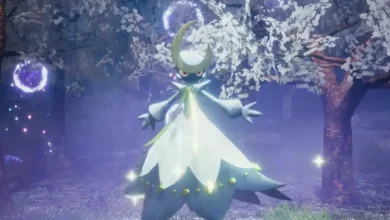 Bellanoir from Palworld stands in a misty night forest filled with cherry blossoms and glowing purple orbs.