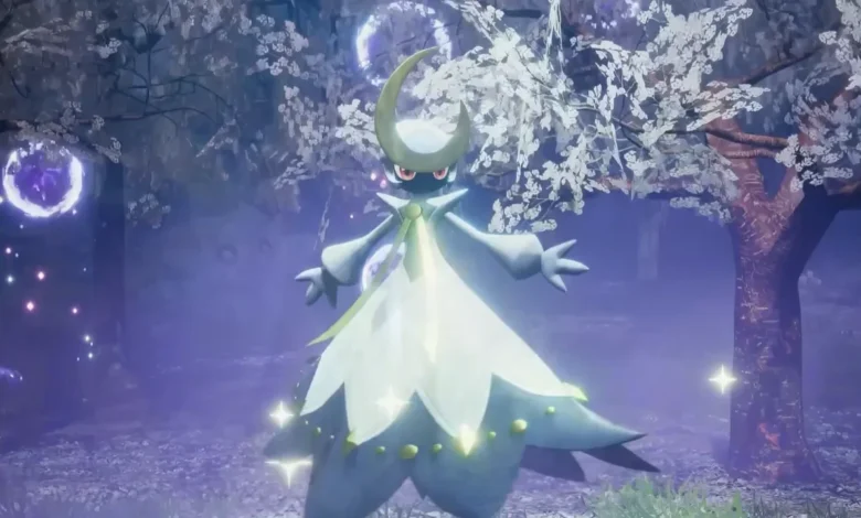 Bellanoir from Palworld stands in a misty night forest filled with cherry blossoms and glowing purple orbs.