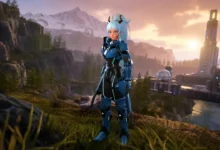 An anime-style female character in blue futuristic armor stands in a scenic mountain valley with sci-fi buildings at sunset.