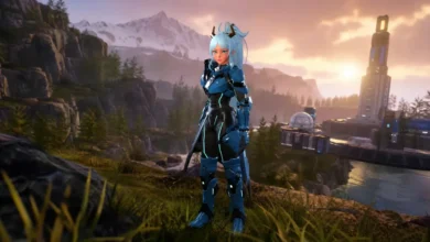 An anime-style female character in blue futuristic armor stands in a scenic mountain valley with sci-fi buildings at sunset.