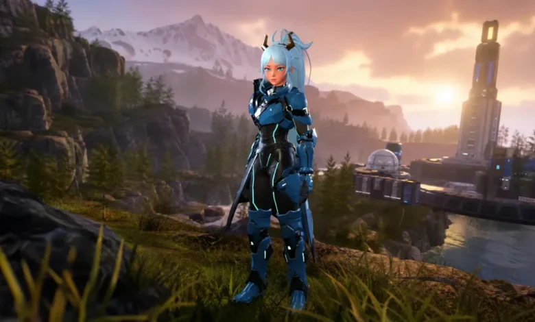 An anime-style female character in blue futuristic armor stands in a scenic mountain valley with sci-fi buildings at sunset.