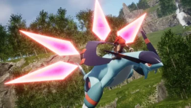 A character with red hair rides a large blue dragon-like creature with glowing pink crystalline wings through a lush, mountainous landscape.