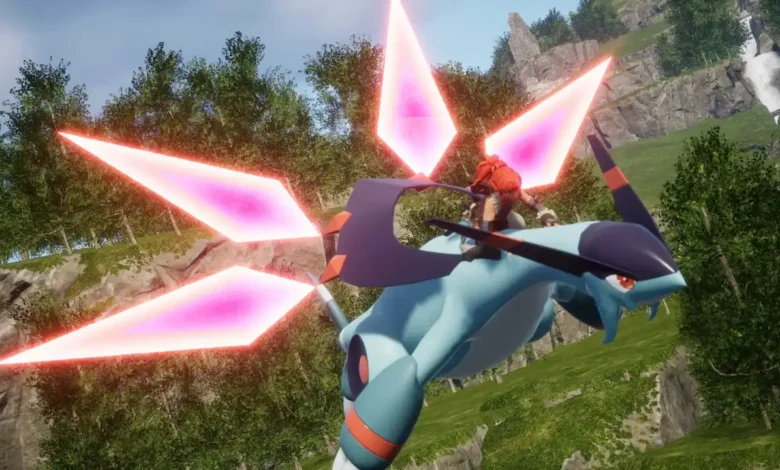 A character with red hair rides a large blue dragon-like creature with glowing pink crystalline wings through a lush, mountainous landscape.