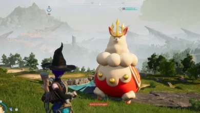 A player character in a witch hat confronts Kingpaca, a large, fluffy creature wearing a golden trident crown, in a scenic mountain landscape.