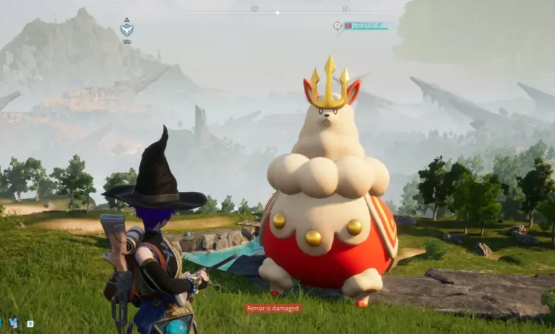A player character in a witch hat confronts Kingpaca, a large, fluffy creature wearing a golden trident crown, in a scenic mountain landscape.