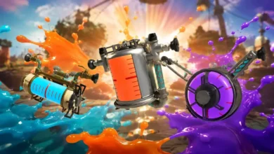 Three mechanical ink tanks containing glowing blue, orange, and purple liquids are surrounded by vibrant paint splashes and a bright sunburst background.