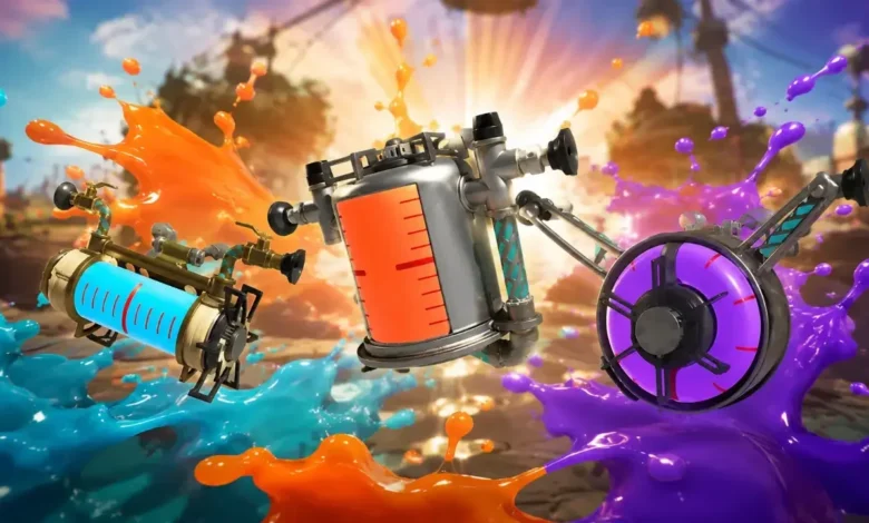 Three mechanical ink tanks containing glowing blue, orange, and purple liquids are surrounded by vibrant paint splashes and a bright sunburst background.