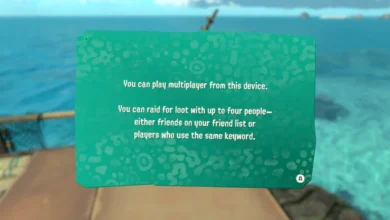 A teal-colored in-game notification explains multiplayer raiding options for up to four players against a tropical ocean backdrop.