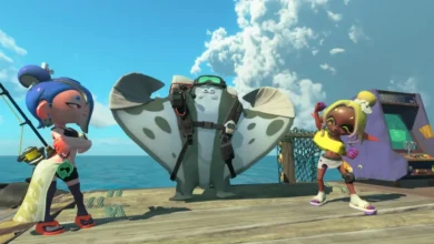 Deep Cut members Shiver, Big Man, and Frye pose together on a wooden pier overlooking a sunny ocean in Splatoon 3.