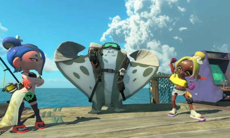 Deep Cut members Shiver, Big Man, and Frye pose together on a wooden pier overlooking a sunny ocean in Splatoon 3.