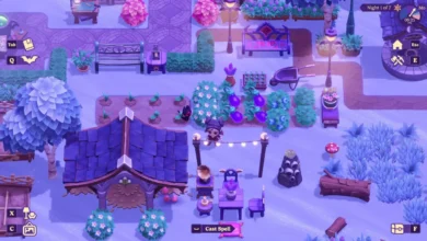 An isometric view of a character standing in a magically lit, purple-hued garden filled with glowing crops and cozy furniture in a stylized video game.