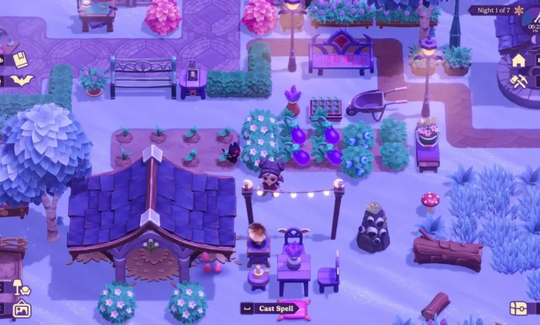 An isometric view of a character standing in a magically lit, purple-hued garden filled with glowing crops and cozy furniture in a stylized video game.