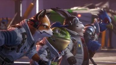 Members of the Star Fox team—Fox, Slippy, Peppy, and Falco—gaze determinedly ahead in their flight suits and headsets.