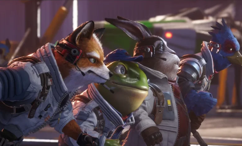 Members of the Star Fox team—Fox, Slippy, Peppy, and Falco—gaze determinedly ahead in their flight suits and headsets.