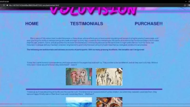 A screenshot of the Voluvision testimonials webpage, featuring text about spiritual experiences and abstract art set against a vibrant pink and blue background.