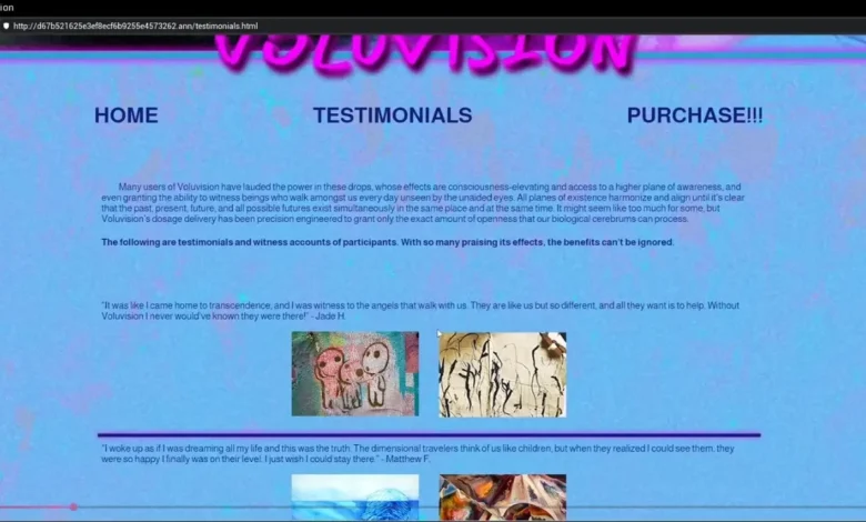 A screenshot of the Voluvision testimonials webpage, featuring text about spiritual experiences and abstract art set against a vibrant pink and blue background.