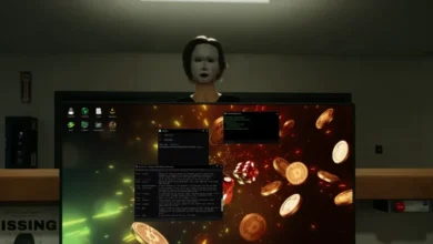 A figure wearing a blank white mask peers over a computer monitor displaying anonymous chat windows and cryptocurrency-themed desktop icons in a dimly lit room.