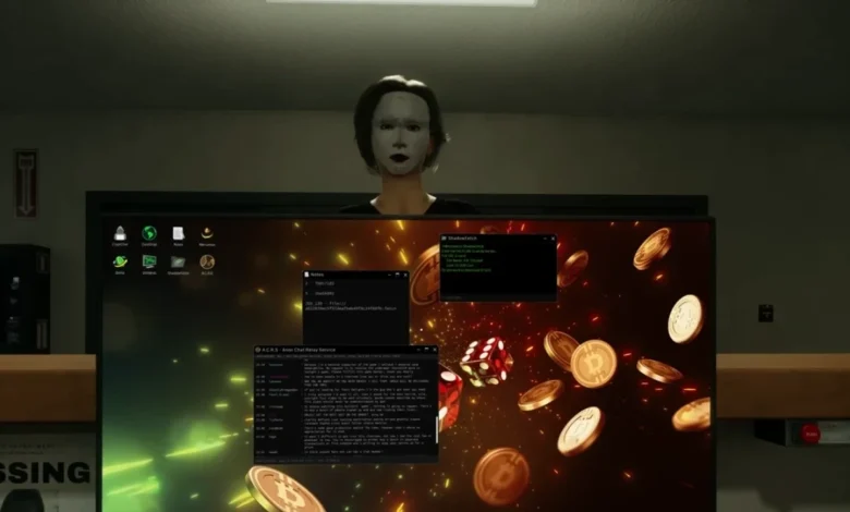 A figure wearing a blank white mask peers over a computer monitor displaying anonymous chat windows and cryptocurrency-themed desktop icons in a dimly lit room.