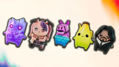 A row of five Fall Guys bean characters, including a crystalline creature, VTuber Ironmouse, a Fortnite Loot Llama, Peely, and John Wick.