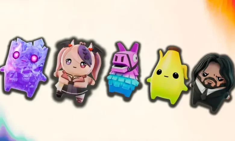 A row of five Fall Guys bean characters, including a crystalline creature, VTuber Ironmouse, a Fortnite Loot Llama, Peely, and John Wick.