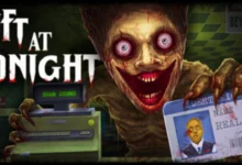 A terrifying monster with a wide, manic grin holds a "Real Human" ID card at a grocery store checkout counter in this promotional art for the horror game "Shift at Midnight."