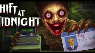 A terrifying monster with a wide, manic grin holds a "Real Human" ID card at a grocery store checkout counter in this promotional art for the horror game "Shift at Midnight."