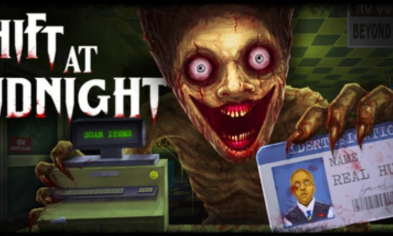 A terrifying monster with a wide, manic grin holds a "Real Human" ID card at a grocery store checkout counter in this promotional art for the horror game "Shift at Midnight."