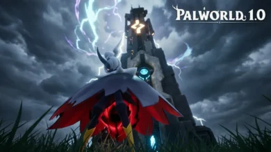 The Pal Bellanoir stands before a massive, glowing tower under a stormy, lightning-filled sky in a promotional image for Palworld 1.0.