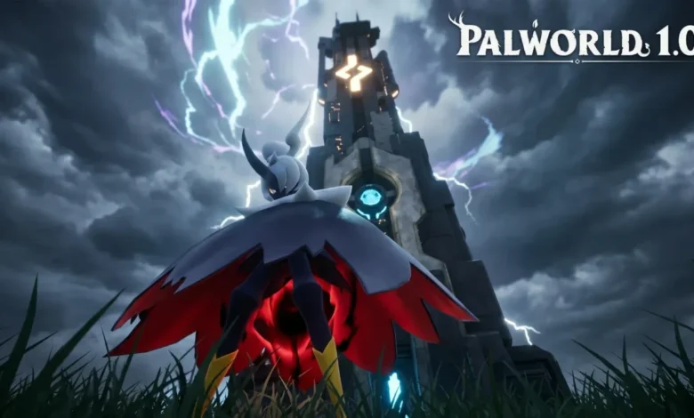The Pal Bellanoir stands before a massive, glowing tower under a stormy, lightning-filled sky in a promotional image for Palworld 1.0.