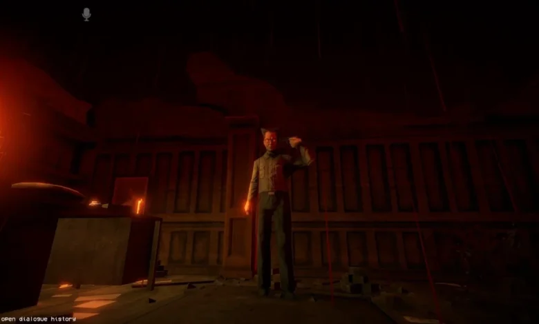 A video game character holds a gun to his head in a dark, red-lit room.