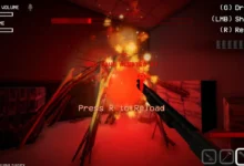 First-person view of a pixelated horror game where a player aims a shotgun at a large, multi-legged skeletal creature in a red-lit environment.