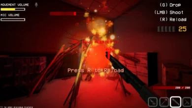 First-person view of a pixelated horror game where a player aims a shotgun at a large, multi-legged skeletal creature in a red-lit environment.