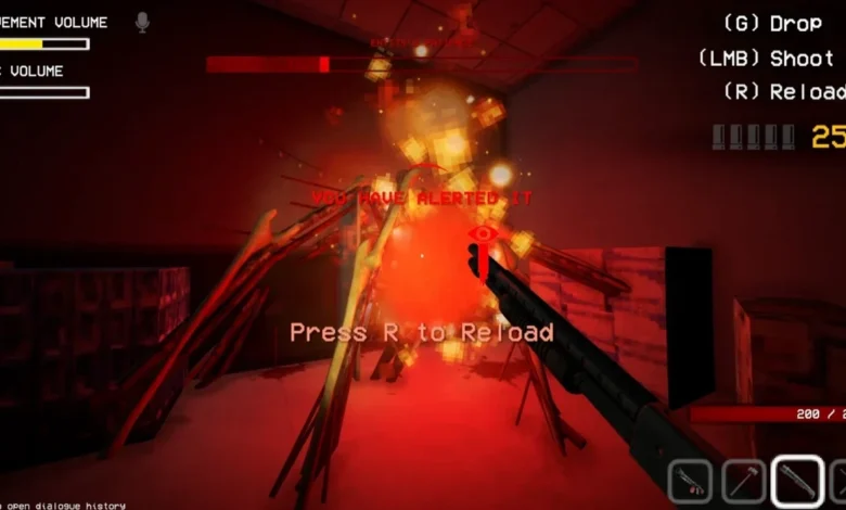 First-person view of a pixelated horror game where a player aims a shotgun at a large, multi-legged skeletal creature in a red-lit environment.