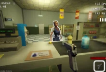 A first-person view in a low-poly video game showing a player pointing a handgun at a store clerk behind a convenience store counter.