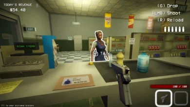 A first-person view in a low-poly video game showing a player pointing a handgun at a store clerk behind a convenience store counter.