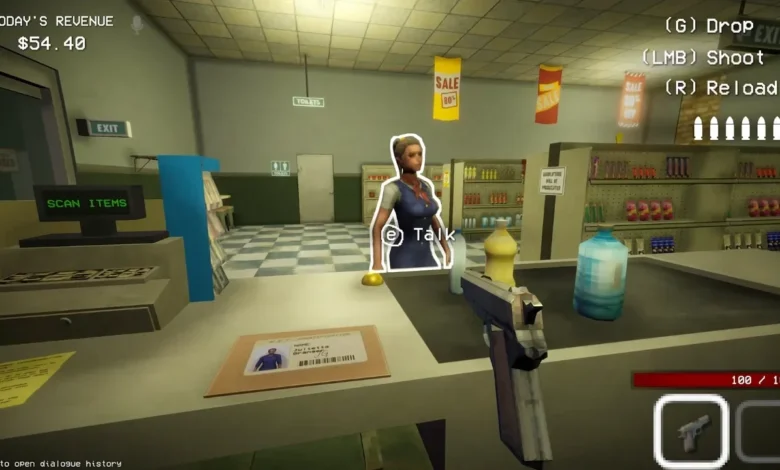 A first-person view in a low-poly video game showing a player pointing a handgun at a store clerk behind a convenience store counter.